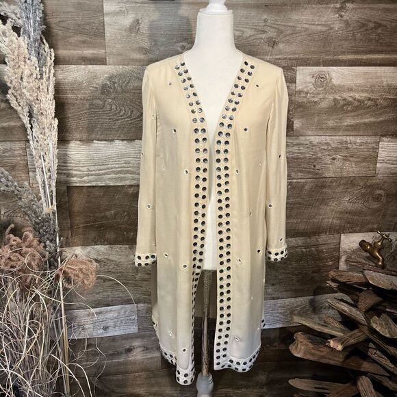 Soft Surroundings tan, long cardigan with button and mirror embellishments- MP - Picture 1 of 8